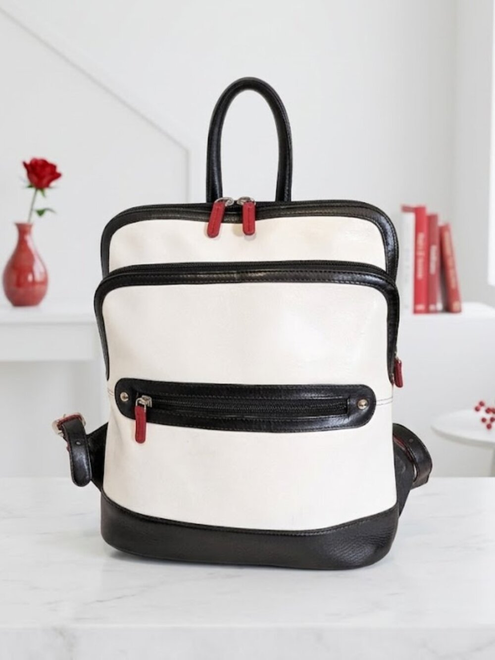 ili New York White Leather Mini Backpack – Black & Red Trim